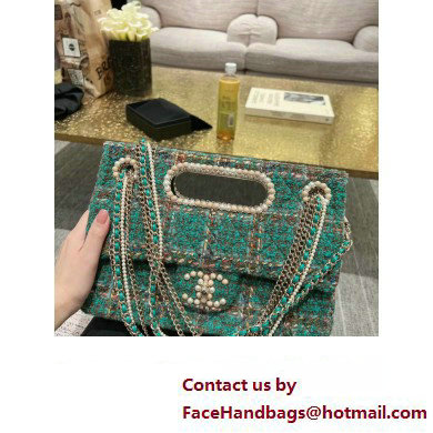 Chanel Wool and Silk Tweed, Glass and Wooden Pearls  &  Gold-Tone Metal Large Flap Bag with Top Handle AS4221 2023